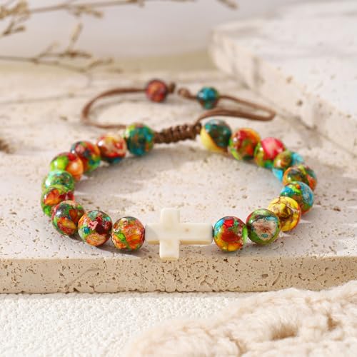 Image of enasal Easter Basket Stuffers for Teens Girls, Nature Stone Easter Gifts Cross Bracelet, Christian Gifts Inspirational Jewelry