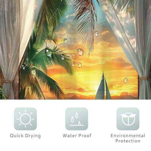 Image of Riyidecor Beach Ocean Sea Shower Curtain 48Wx72H Inch Narrow Summer Beachy Seaside Coastal Hawaiian Sunset Tropical Sunrise Scenery Wooden Girly Bathroom Decor Fabric Polyester Waterproof 8 Pack Hooks