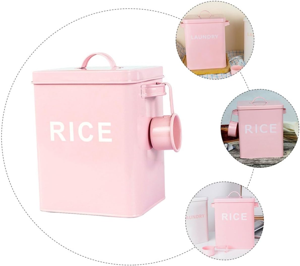 Pet Food Storage Bucket Airtight Iron Rice Container with Measuring Cup Pink Moisture-proof Food Sealing Bin for Dog and Cat Feeding at Home
