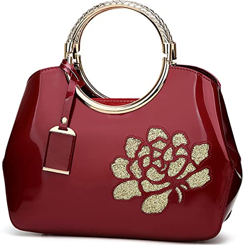 XingChen Women Handbag Patent Leather Flower Pattern Satchel Charm Glossy Purse Metal Grip Structured Shoulder Bag Wine