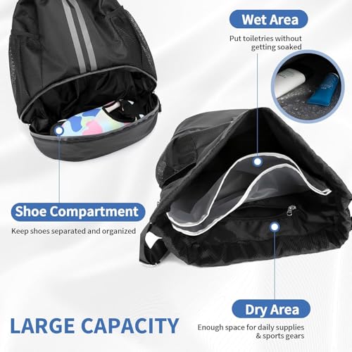 Image of Drawstring Gym Bag for Men, Waterproof Drawstring Backpack for Women, Swim Bag with Shoes Compartment, Pull String Sport Bag for Soccer and Basketball Black.