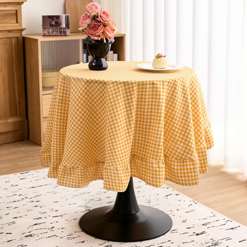 vctops Farmhouse Yellow Plaid Ruffle Table Cloth, Boho Cotton Linen Tablecloth, Washable Table Cover for Round Table Baby Shower Kitchen Party Wedding Decor (Yellow,70")
