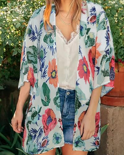 Image of Women's Kimono Swimsuit Coverups Summer Beach Loose Cardigans for Swimwear | CHICGAL Casual Open Front Chiffon Cover Up, 3 /4 Sleeve Lightweight Vacations Outfits 2026, Long Summer Resort Wear