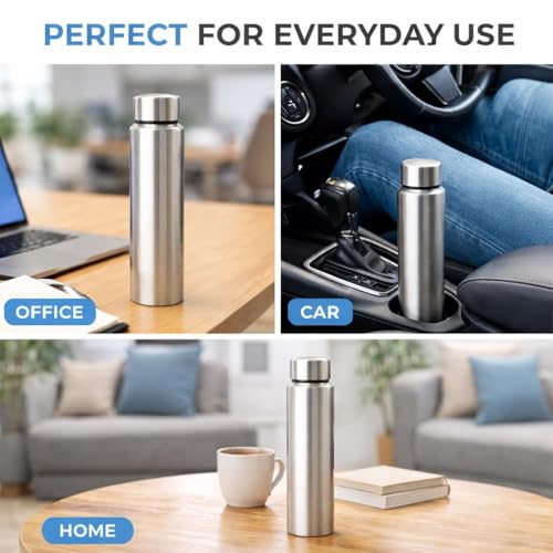 Image of bottle Stainless Steel Water Bottle, 1000 ml, Silver, Leak-Proof, Modern Design Stainless Steel Water Bottle,school /college /office /home /kitchen /gym /travelling (Pack 5)