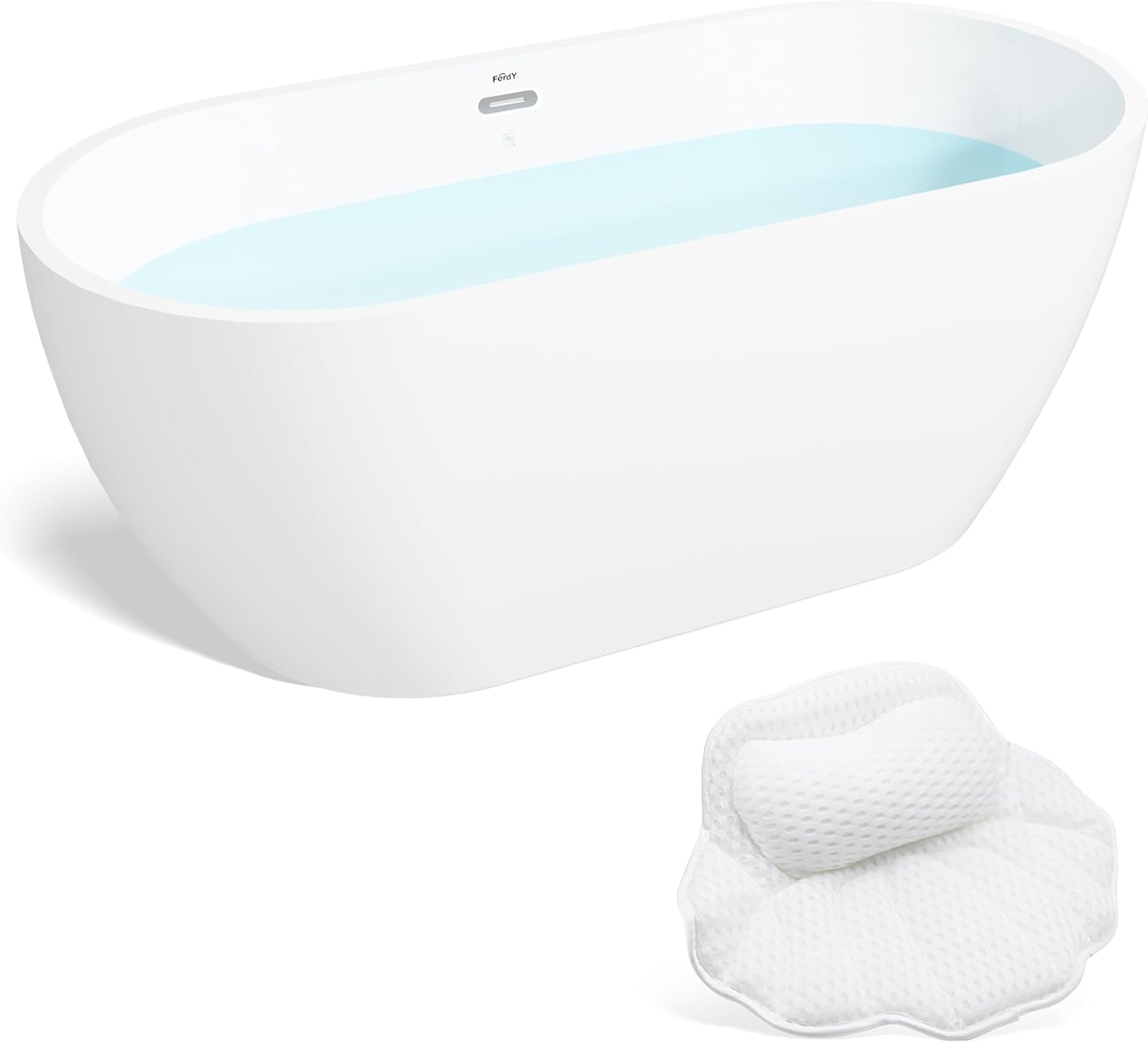 FerdY Nauru 59" Freestanding Bathtub,Gracefully Shaped Freestanding Soaking tub, Glossy White, cUPC Certified, Chrome Drain& Bath Pillow for Bathtub,Thick Tub Pillows, Breathable 4D Air Mesh