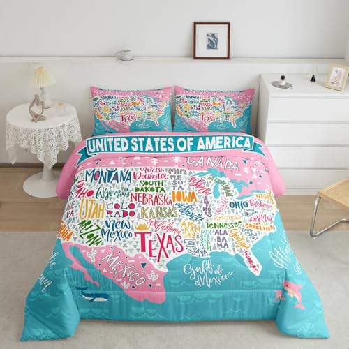 Image of Feelyou Blue Pink USA Map Bedding Set Queen, Geography Comforter Set for Kids Boys Girls Teens Educational Map Comforter Learning Educational Duvet Set 3Pcs
