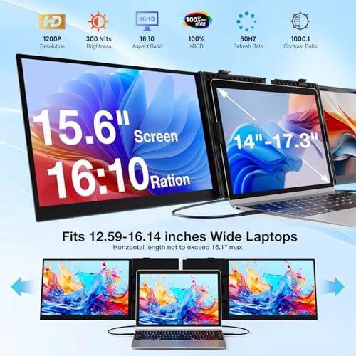 Image of Laptop Screen Extender, Ultra-Thin 15.6 inch FHD 1200P 16:10 Portable Monitor for Laptop, Lightweight Travel Monitor Extender Plug & Play for 14.2 inch-17.3 inch Laptops, Compatible with Wins /Mac /Android /Chrome