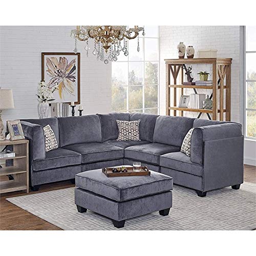 Bowery Hill Upholstery Velvet Fabric 6Pc Modular Sectional Sofa In Gray Including Ottoman And 3 Accent Pillows #TOP1