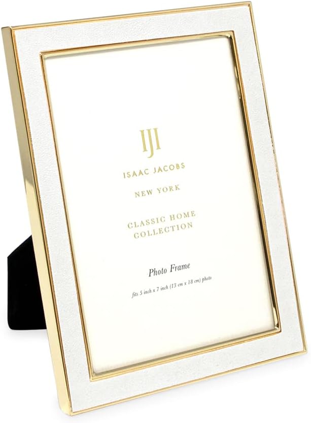 Isaac Jacobs 5x7 White Leather with Gold Metal (Vertical & Horizontal) Picture Frame, Suede Border w/Black Fabric Easel, Wall-Mountable, Made For Tabletop, Photo Gallery (5x7, White W/Gold)