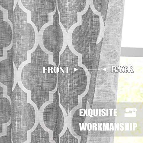 Beauoop Grommet Lattice Moroccan Tile Print Curtains 84 Inches Long Geometric Linen Like Semi Sheer Curtain Window Treatment Set For Living Room Kitchen, Set Of 2, 50 Inch Wide X 84 Inch Long, Gray #TOP3