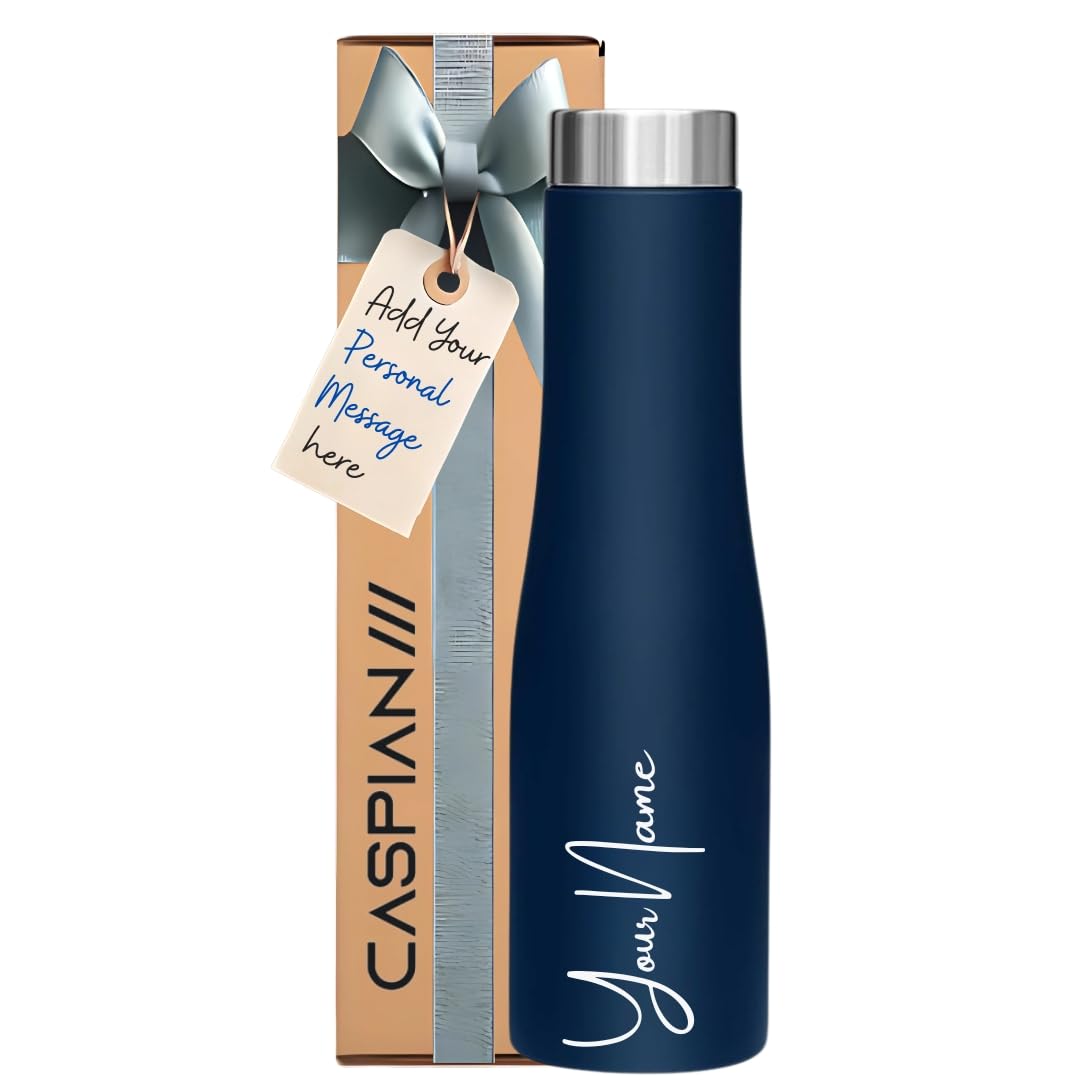 CASPIAN /// Aqua Customised Stainless Steel Water Bottle 1L, Blue with Logo Print – Personalised Water Bottle with Your Name Print for Kids Boys Girls School Office Gym- Perfect for Corporate Gifting