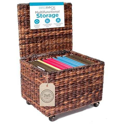 BIRDROCK HOME Seagrass Rolling File Cabinet - Storage Organizer Box with Lid - Home Office Decor - Decorative Organize - Letter Legal Hanging Filing Container - Strong Durable Toy Pillow - Espresso Cover