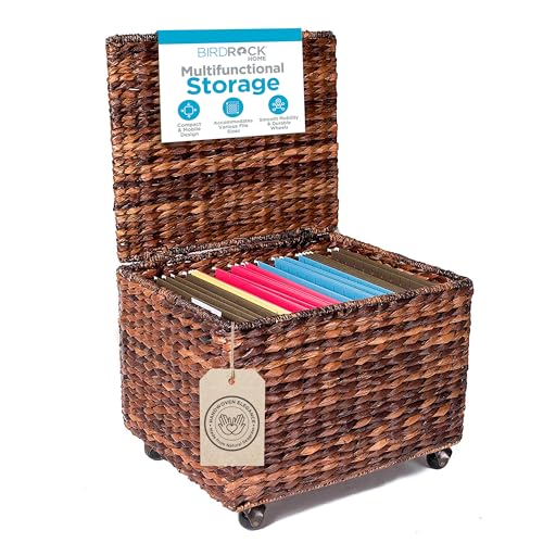 BIRDROCK HOME Seagrass Rolling File Cabinet - Storage Organizer Box with Lid - Home Office Decor - Decorative Organize - Letter Legal Hanging Filing Container - Strong Durable Toy Pillow - Espresso