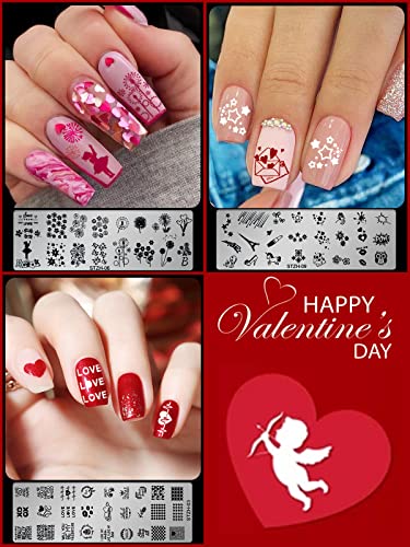 9Pcs Valentine's Day Nail Art Stamping Plates Set, Torokom Love Heart High Heel Rose Lips Design Nail Image Stamp Template Nail Stamp Plates Kit With Stamper Scraper And Storage Bag #TOP3