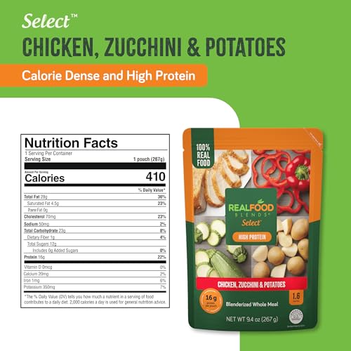 Image of Real Food Blends Select Chicken, Zucchini & Potatoes - Pureed Food Meal for Feeding Tubes, 9.4 oz Pouch (Pack of 12 Pouches) | Select chicken, zucchini and potatoes tube feeding meal with 16g protein and 23 vitamins and minerals.