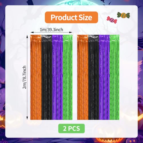 2 Pack Halloween Foil Fringe Curtains, 3.3×6.6 ft Orange Black Purple Green Metallic Hanging Streamers for Halloween Party Decorations, Trick or Treat Backdrop, Haunted House and Photo Booth Supplies by Avikosi - Used condition - Image 2