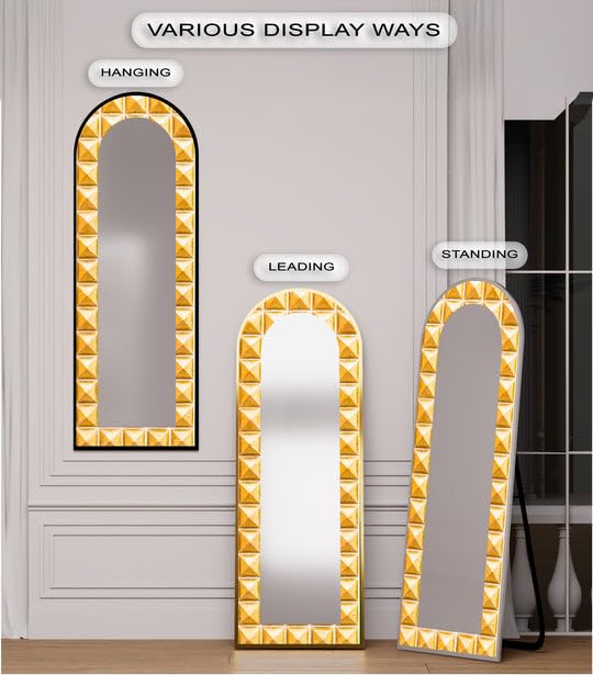 Specchio da pavimento a mosaico a forma di piramide dorata, lunghezza completa, 50,8 x 160 cm (larghezza x altezza), con cornice nera e cornice nera