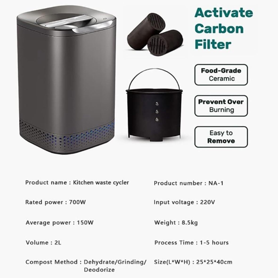 Kitchen Waste Composter Electric Compost Bin, 2.5L Smart Waste Compost Bin, Turn Garbage to Compost with Single Button, for Apartment Home