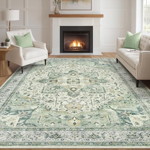 Tortania Area Rug Living Room Rugs - 7x9 Washable Boho Rug Vintage Oriental Distressed Farmhouse Large Thin Indoor Carpet for Living Room Bedroom Under Dining Table Home Office - Green