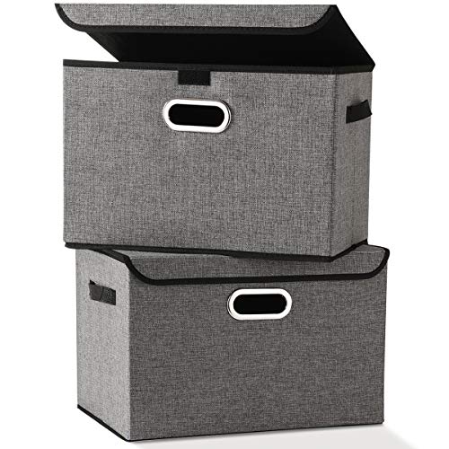 Large Foldable Storage Box Bin with Lids[2-Pack] NO Smell Stackable Linen Fabric Storage