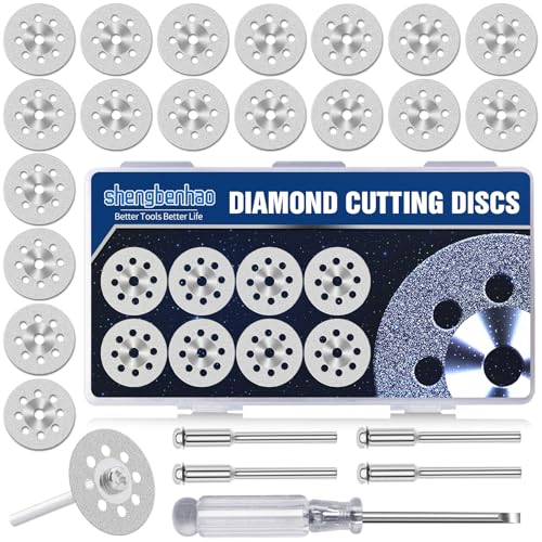 22mm 20Pcs Diamond Cutting Wheel 545 Cut Off Discs Coated for Dremel Rotary Tool with 402 Mandrel (3mm) 4pcs and Screwdriver for Stone Glass Tile Marble Cutting (22mm)