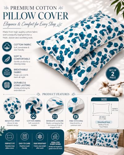 Image of IVAZA Ezyption Cotton Super Soft 240 TC Elastic Fitted All Around Elastic Printed King Size Double Bed Bedsheet with 2 Pillow Cover 72 inch X 78 inch3 White Blue Leaf