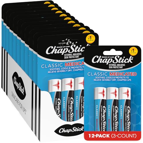 ChapStick Classic Medicated 3-Packs (12 Sets/36 Tubes) Bulk Lip Balm Dry Lips & Cold Sore Pain Relief Bundle 0.15 Oz Ea