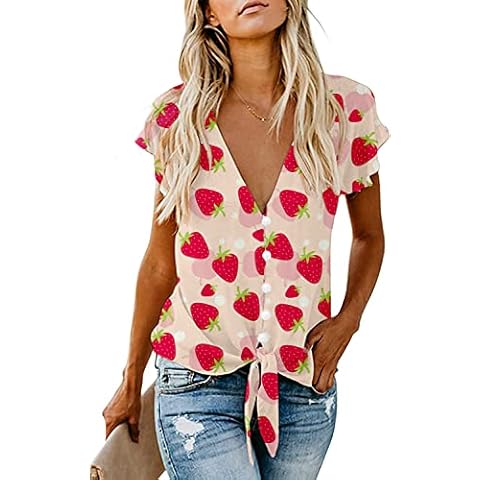 Women's Tie Front Button Down Flutter Sleeve Fruit Print Strawberry Printed Blouse Tops STB XL Cover