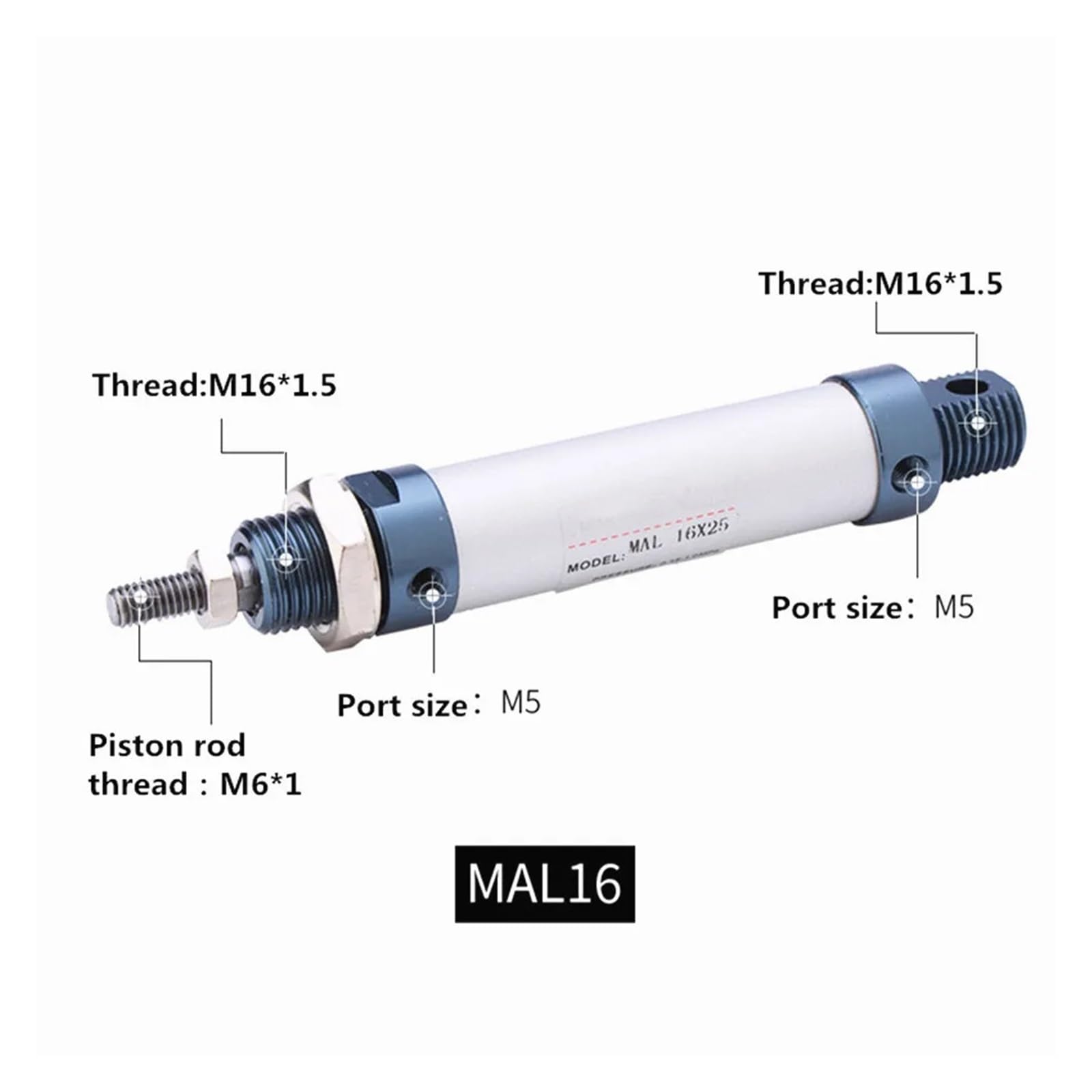 Cylinder pneumatyczny ze stopu aluminium MAL 16 mm, skok 25mm-500 mm, podwójny siłownik pneumatyczny z pojedynczym trzonkiem | Cylinder pneumatyczny (MAL16 x 150)