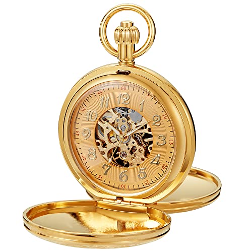 Image of Tiong Men's Luxury Pocket Watch Engraved Phoenix Mechanical Hand Wind Double Hunter Pocket Watches with Chain & Box Gifts for Father's Days
