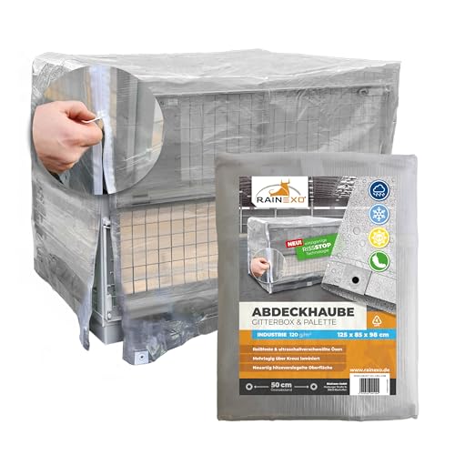RAINEXO® Gitterbox & Paletten Abdeckhaube | Abdeckplane Transparent + 2 Reißverschlüsse | 125 x 85 x 98 cm | Wasserdicht, Frost & UV-beständig