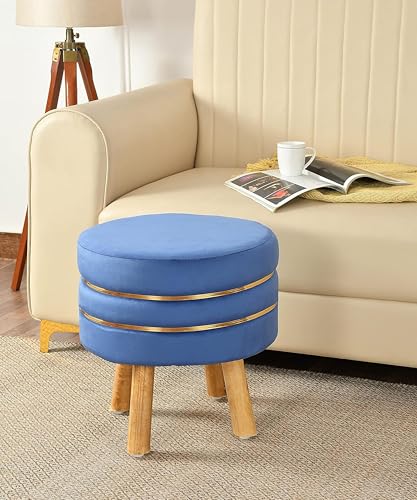 Image of Living Room Round Wooden Velvet Ottoman with Footrest and Linen Fabric Padded Seat Pouffe Ottoman with Round Shape and Office Stool- Blue