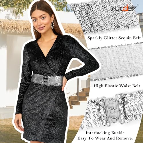 SUOSDEY Sequin Elastic Wide Belts for Women Sparkly Glitter Stretch Disco Belt for Dresses 70s 80s Costume Party4