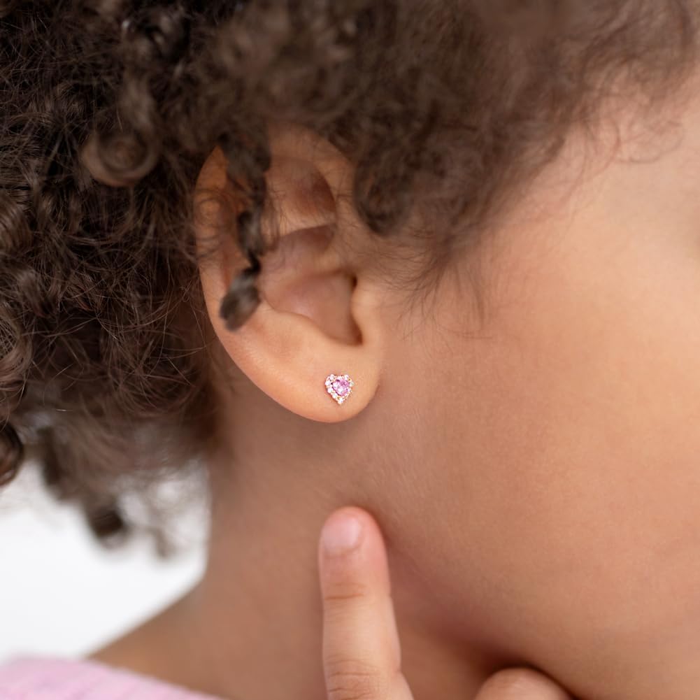 14k Yellow Gold 5mm Cubic Zirconia Heart Cluster Screw Backs for Young Girls - Unique Heart Earring Studs for Babies, Toddler to all Little Girls - Lovely & Bright CZ Hearts