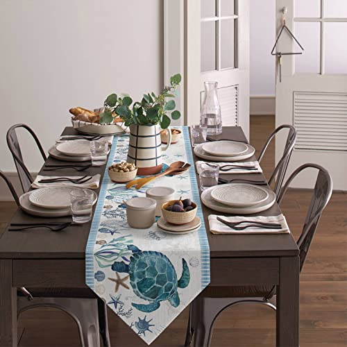 Coffee Table Runner - 48 Inches Long, Ocean Turtle Dresser Scarf Dining Tabletop Décor for Kitchen/Farmhouse/Holiday, Blue Summer Beach Nautical Coastal Starfish Coral - Image 4