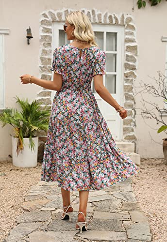Image of NAVINS Womens Floral Print Modest Wedding Guest Midi Dress with Pockets | Puff sleeve tiered boho dress for summer, church, and vacations. Elastic waist, Below knee, hand or machine wash.