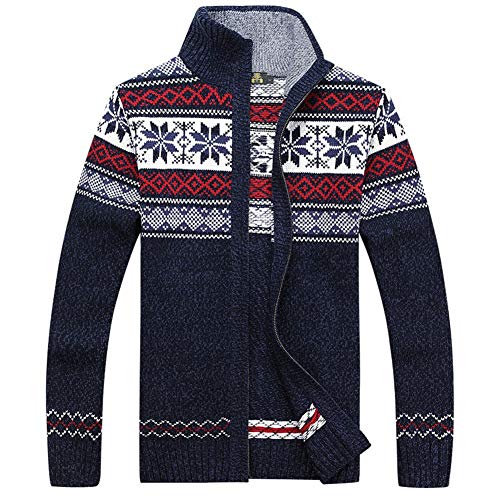 Kedera Casual Men's Thick Knitted Zipper Cardigan Sweater with Pattern (X-Large, Blue)