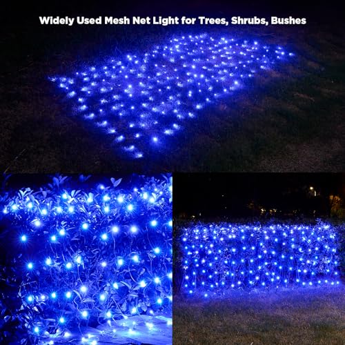 Image of Led Net Lights Christmas Lights Outdoor 200Leds 9ft x 6ft Upgraded Blue Christmas Net Lighting, Waterproof 5mm LED Wide Angle Outdoor Indoor Mesh Net Light for Trees, Bushes, Shrubs Decorations