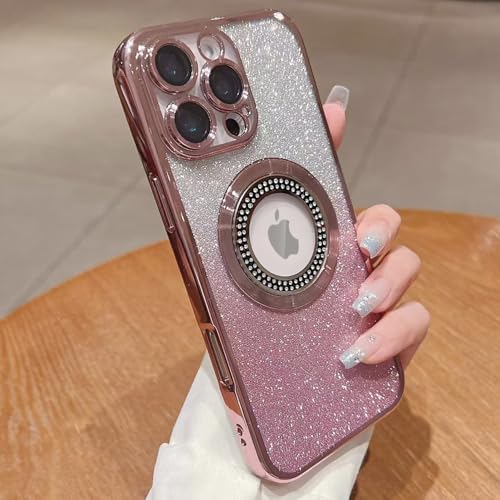 Image of Misscase for iPhone 16 Pro Max Magnetic Glitter Case Compatible with MagSafe,Full Protection Slim Shockproof Anti-Scratch Case with Camera Lens Protector Logo View Dust-Proof Net for Women Pink