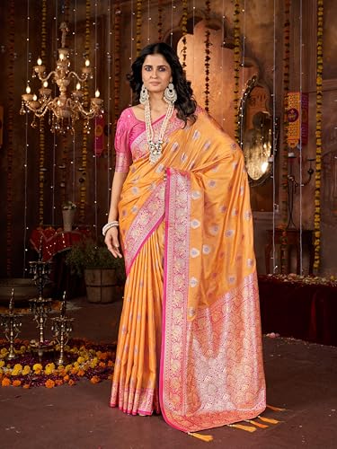 Image of Mehrang Cotton Banarasi Silk Saree for Women With Unstitched Blouse Piece