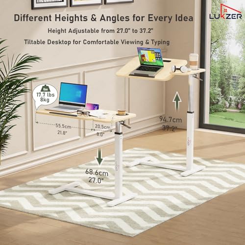 Image of Lukzer MST-003 White Frame Oak Light Tilt Top Overbed Table with Cupholder & Wheels | Adjustable Height Laptop Desk for Bed & Sofa | Rolling Bedside Table for Home, Hospital, Office Use | 40x76x95 cm