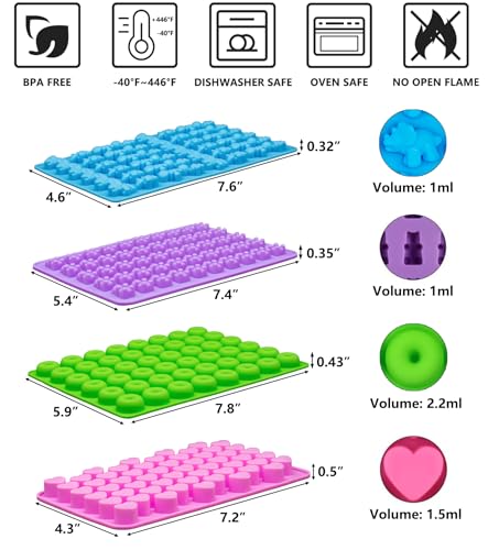 Image of WARM TIME Gummy Bear Candy Molds Silicone, Mini Gummy Molds with 2 Droppers, Food Grade Non-Stick Silicone Molds Including Heart, Dinosaur, Bear, and Donut, Set of 4