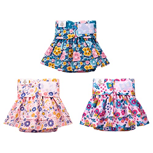 Image of CuteBone Female Dog Diapers with Skirts 3 Pack Reusable Puppy Dresses Pants for Heat Cycle Period QBD11S