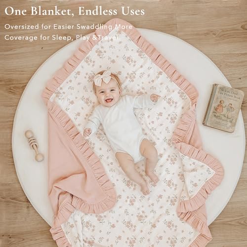 Image of Konssy Flounce Muslin Baby Blanket for Girls Boys 47 x 47 Inches, 100% Cotton Soft Crib Swaddle Blankets, Reversible & Breathable Nursery Bedding for Newborns Toddlers (Blossom)
