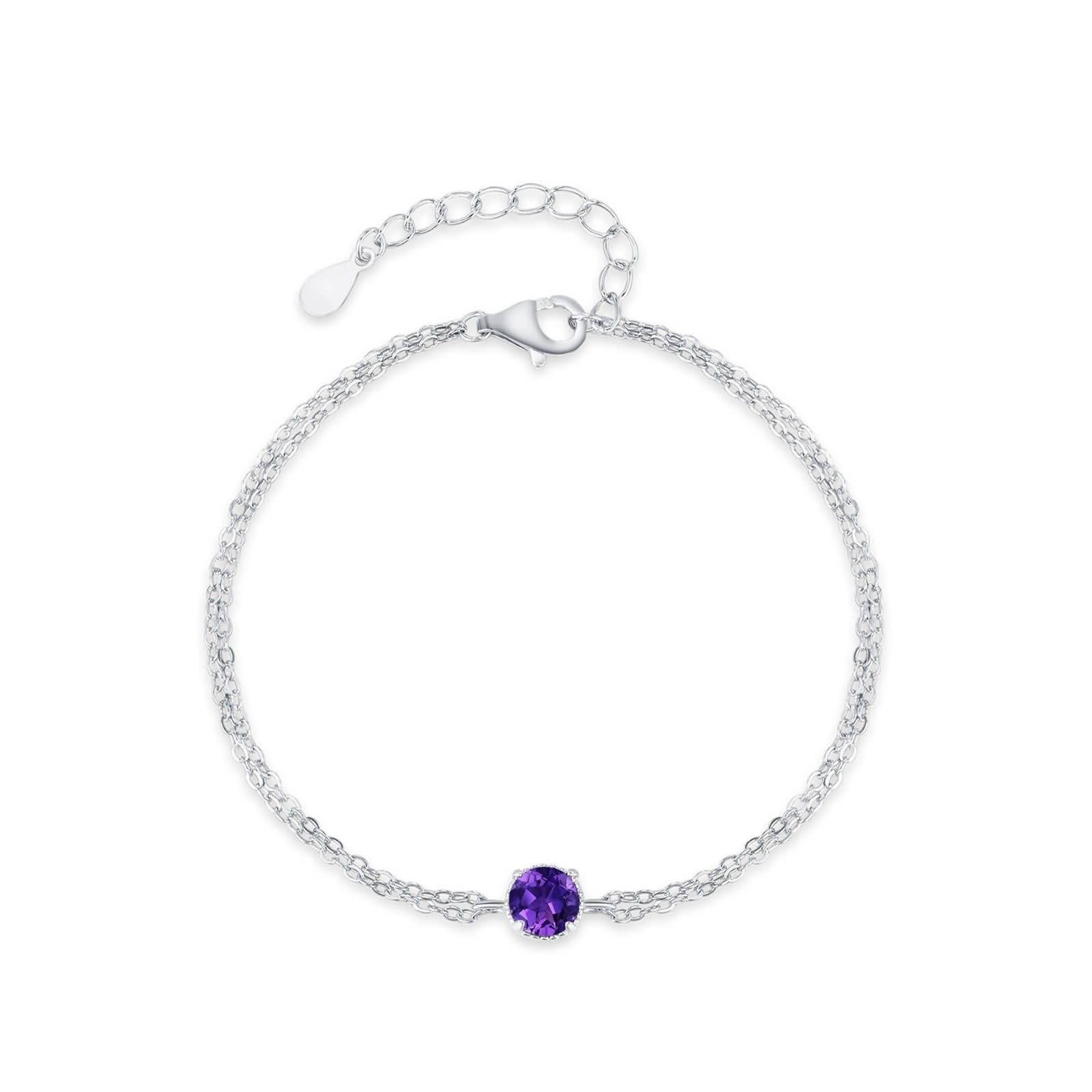 Pulseras para mujer, pulsera de cadena para mujer, cadenas de doble capa con amatista redonda y oro blanco de 0,5 quilates