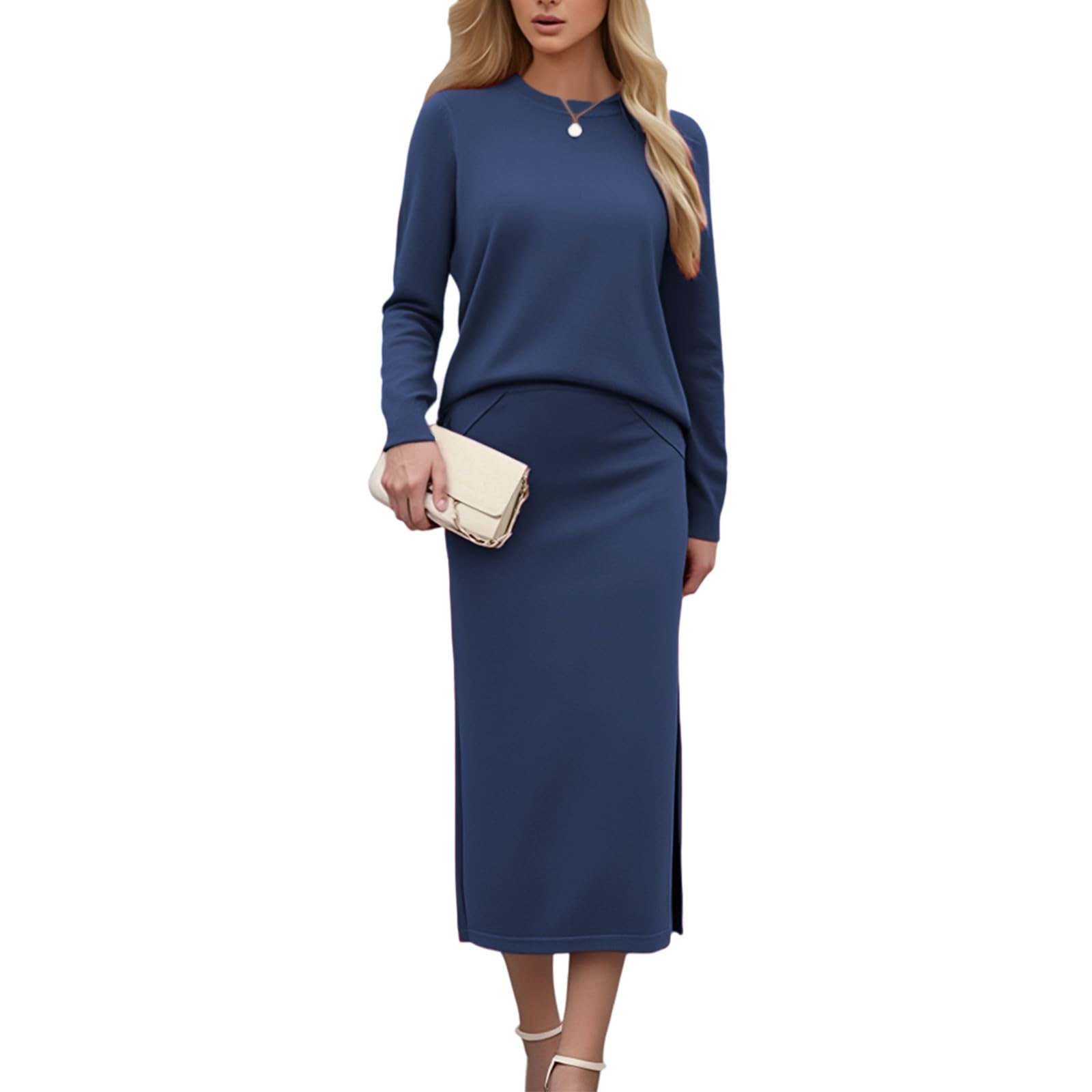 Womens Two Piece Matching Sweater Sets Knit Long Sleeve Pullover Tops Bodycon Slit Long Maxi Skirts Fall Outfits