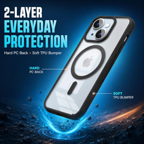 Image of MAGA Back Case Cover for Apple iPhone 13 & iPhone 14, Transparent Black Magnetic Case Compatible with MagSafe, Hybrid Hard PC Back & Soft TPU Bumper, Shockproof Protective Cover - Black