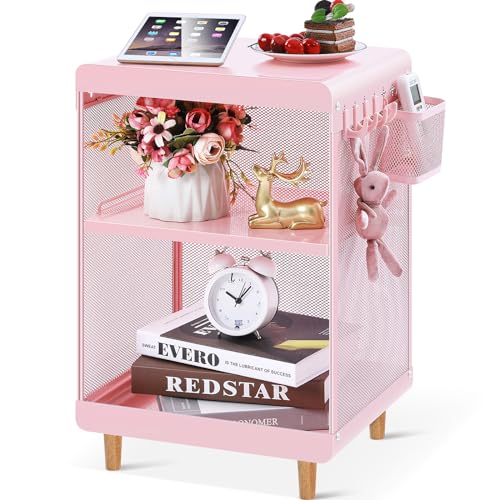 Cute-Bedside-Nightstand-Table-Girls-Metal-Side-Table-Kid-End-Table-with-Storage-for-Living-Room-Bedroom-Kids-Room-Dorm-Office-Classic-Pink Cute Bedside Nightstand Table Girls Metal Side Table Kid End Table with Storage for Living Room Bedroom Kids Room Dorm Office Classic Pink