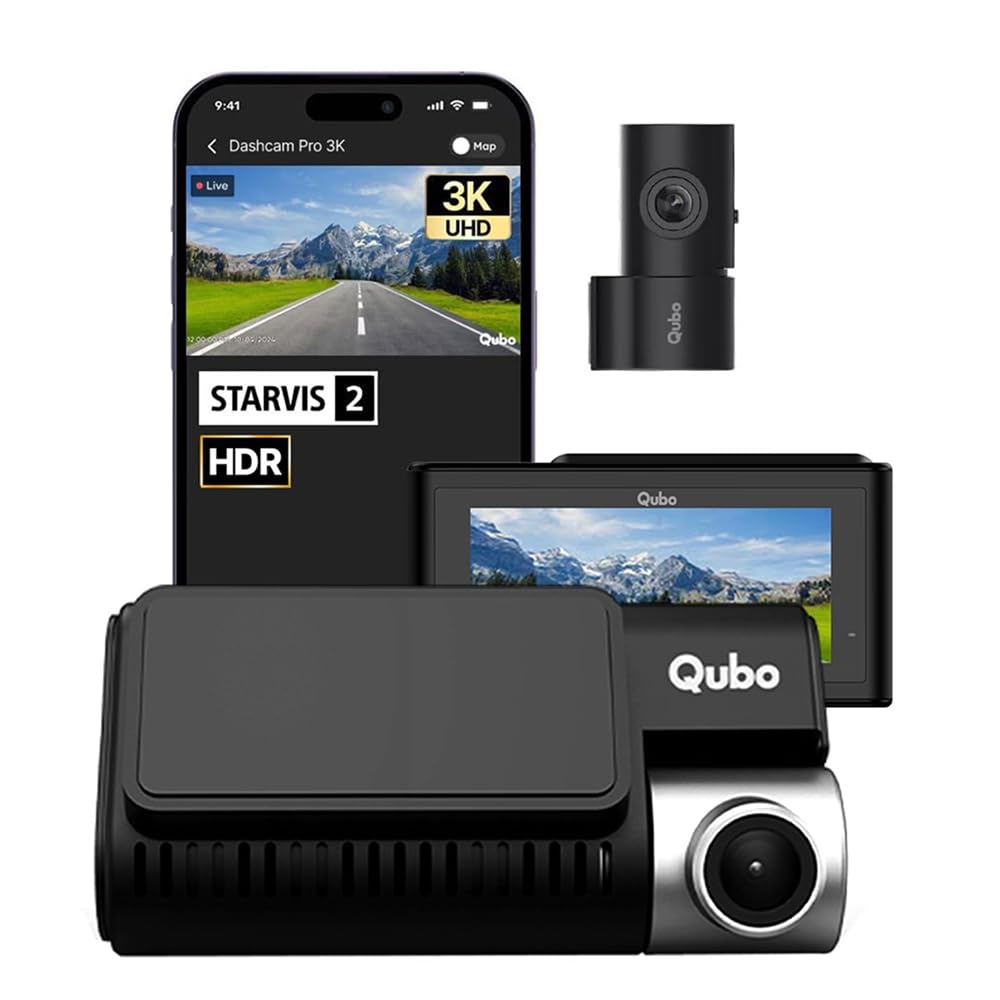 Qubo Car Dash Cam Pro 3K Sony STARVIS 2 IMX675 Sensor Dual Channel from Hero Group (2025 Edition), 3K 5MP Front UHD 2MP Rear FHD, 140° View, 3.2" LCD Display, GPS Logger, Supports Up to 1 TB SD Card