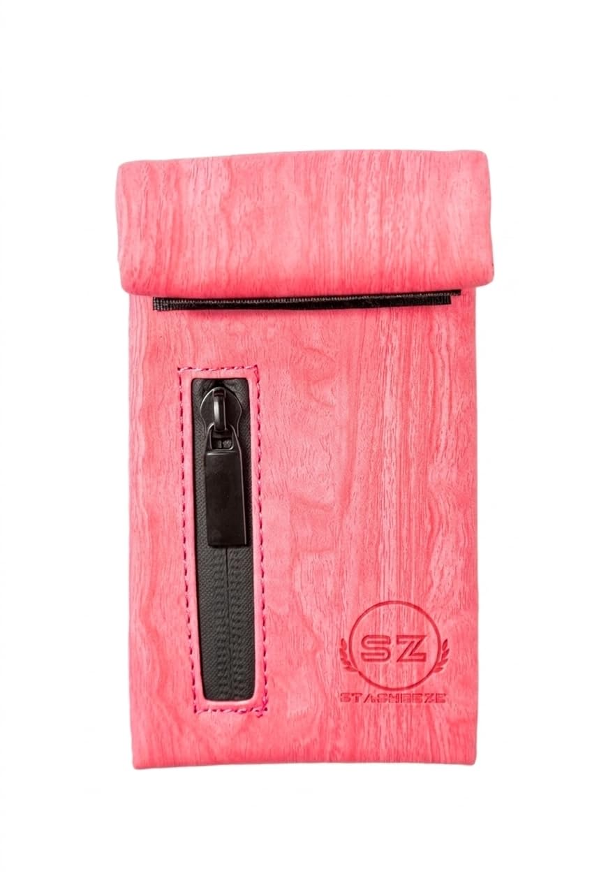 Stasheeze Faraday Pouch Smell Proof Bag Container Case Odour Proof Bags Carbon Lined Storage Bag 16x9cm Waterproof Immitation Leather (Pink) 22x9cm Unfolded Pink Rose Waves